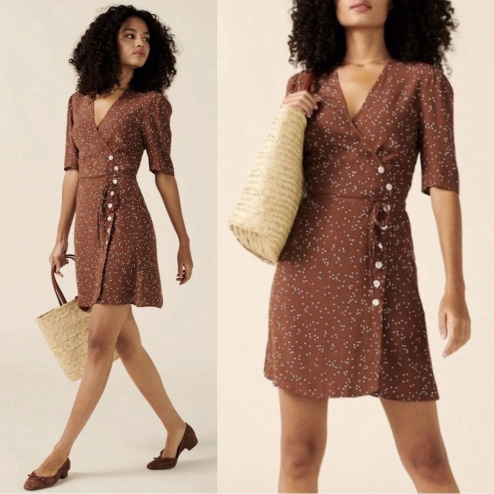 ROUJE Brown White Polka Dot Printed Puff Sleeve Mini Wrap Dress Gabinette Dress